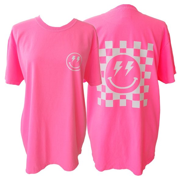 Comfort Colors Tops - Neon Pink Smiley Face Checkerboard Lightning Bolt T-Shirt
